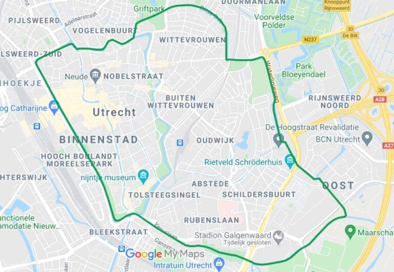 Kaartje van Utrecht met de buitenroute voor steppen in groen ingetekend