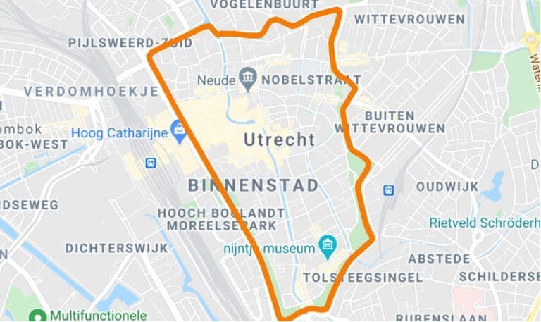 Kaartje van Utrecht met de stadsroute voor steppen in oranje ingetekend